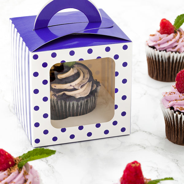 Restaurantware Pastry Tek Square Purple Paper Cupcake Window Box - Polka Dots Fits 1 - 4 1/2" X 4 1/2" X 4 1/2" - 100 Count Box