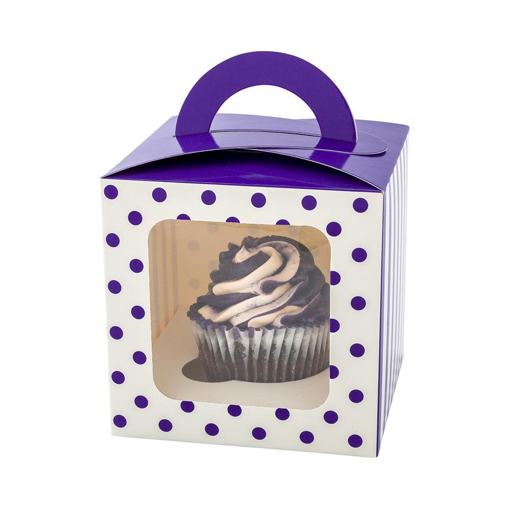 restaurantware Pastry Tek Square Purple Paper Cupcake Window Box - Polka Dots Fits 1 - 4 1/2" x 4 1/2" x 4 1/2" - 100 count box