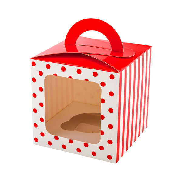 Restaurantware Pastry Tek Square Red Paper Cupcake Window Box - Polka Dots Fits 1 - 4 1/2" X 4 1/2" X 4 1/2" - 100 Count Box