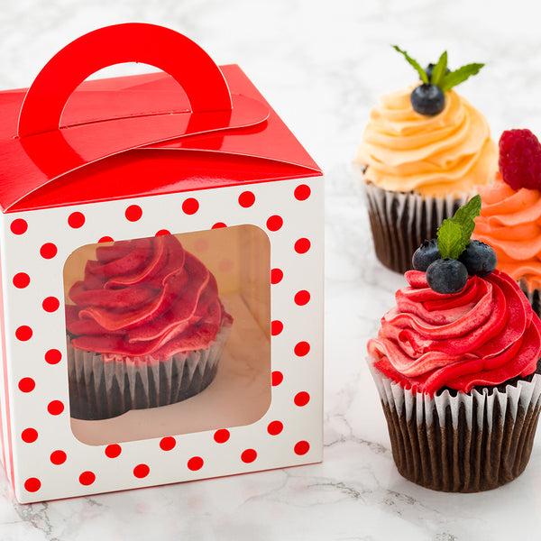 Restaurantware Pastry Tek Square Red Paper Cupcake Window Box - Polka Dots Fits 1 - 4 1/2" X 4 1/2" X 4 1/2" - 100 Count Box