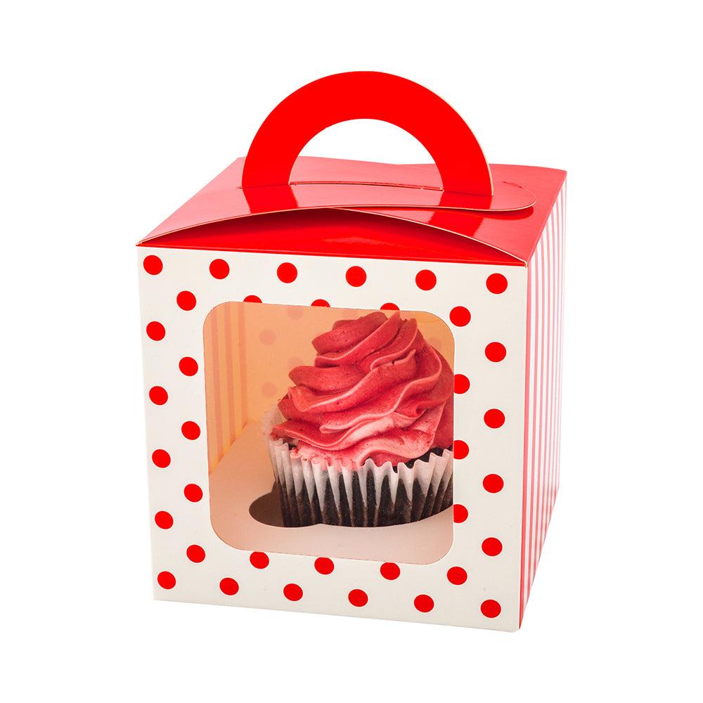restaurantware Pastry Tek Square Red Paper Cupcake Window Box - Polka Dots Fits 1 - 4 1/2" x 4 1/2" x 4 1/2" - 100 count box