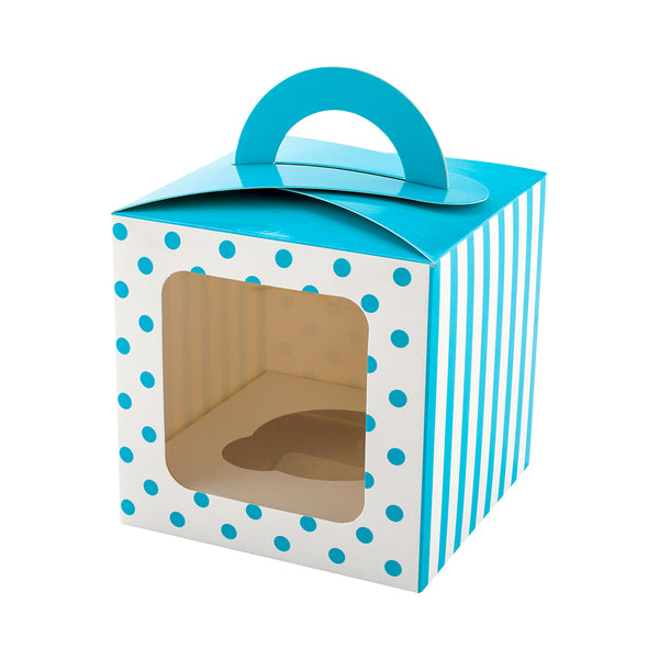 Restaurantware Pastry Tek Square Teal Paper Cupcake Window Box - Polka Dots Fits 1 - 4 1/2" X 4 1/2" X 4 1/2" - 100 Count Box