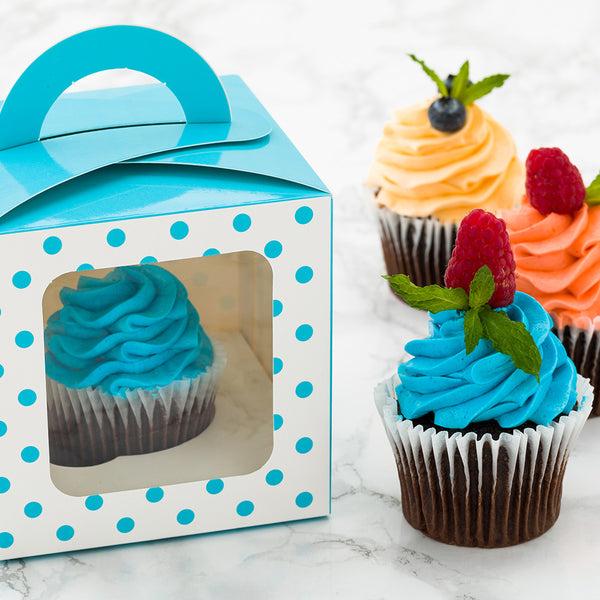 Restaurantware Pastry Tek Square Teal Paper Cupcake Window Box - Polka Dots Fits 1 - 4 1/2" X 4 1/2" X 4 1/2" - 100 Count Box