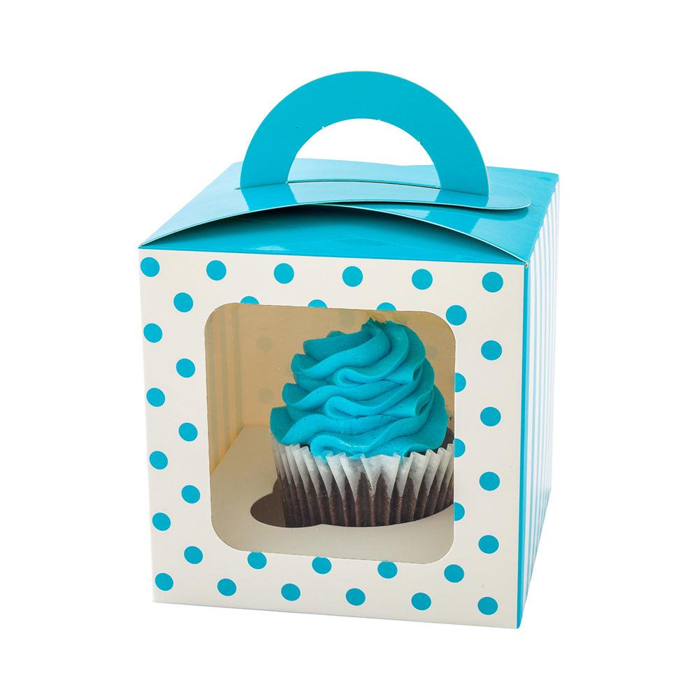 restaurantware Pastry Tek Square Teal Paper Cupcake Window Box - Polka Dots Fits 1 - 4 1/2" x 4 1/2" x 4 1/2" - 100 count box