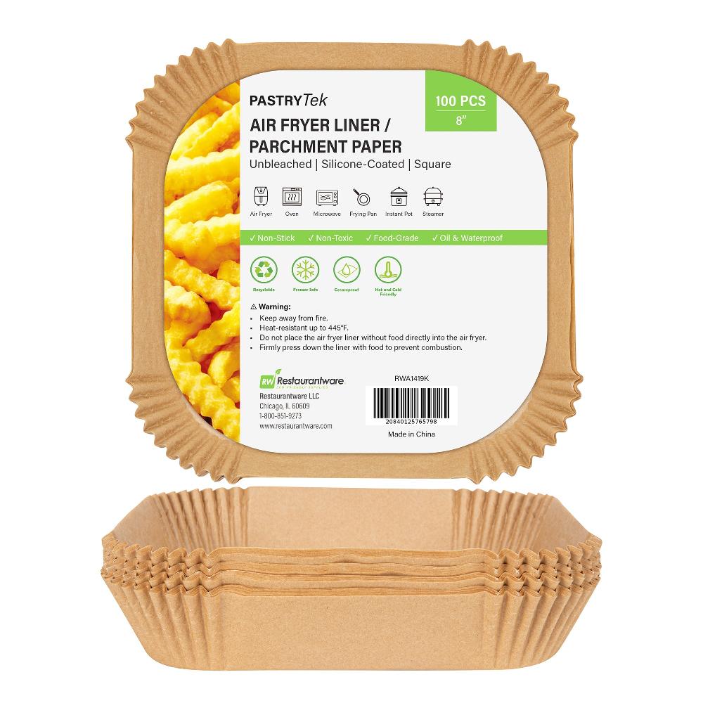 restaurantware Pastry Tek Square Unbleached Air Fryer Liner / Parchment Paper - Silicone Coated - 8" x 8" x 1 3/4" - 100 count box