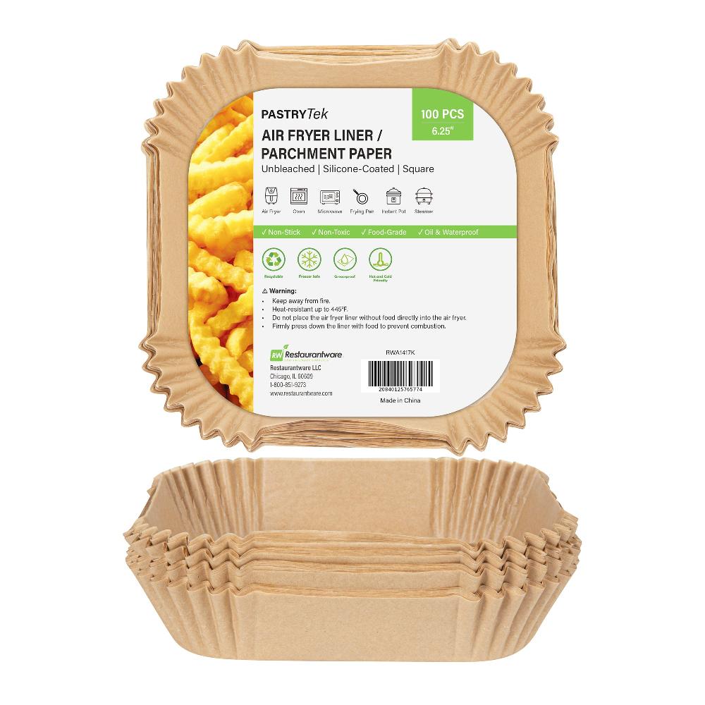restaurantware Pastry Tek Square Unbleached Air Fryer Liner / Parchment Paper - Silicone Coated - 6 1/4" x 6 1/4" x 1 3/4" - 100 count box