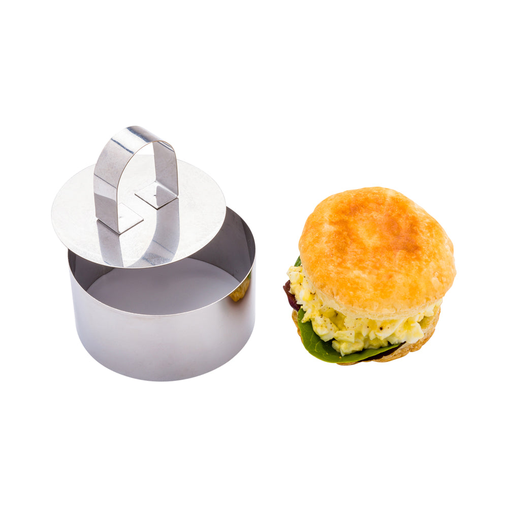 restaurantware Pastry Tek Stainless Steel Round Pastry Ring Mold with Press 3 x 1.6 inch 1 count box