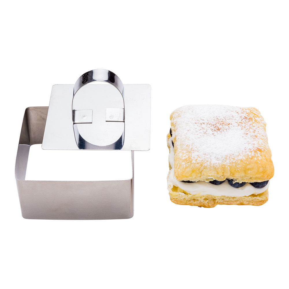 restaurantware Pastry Tek Stainless Steel Square Pastry Ring Mold with Press 3.3 x 1.5 inch 1 count box