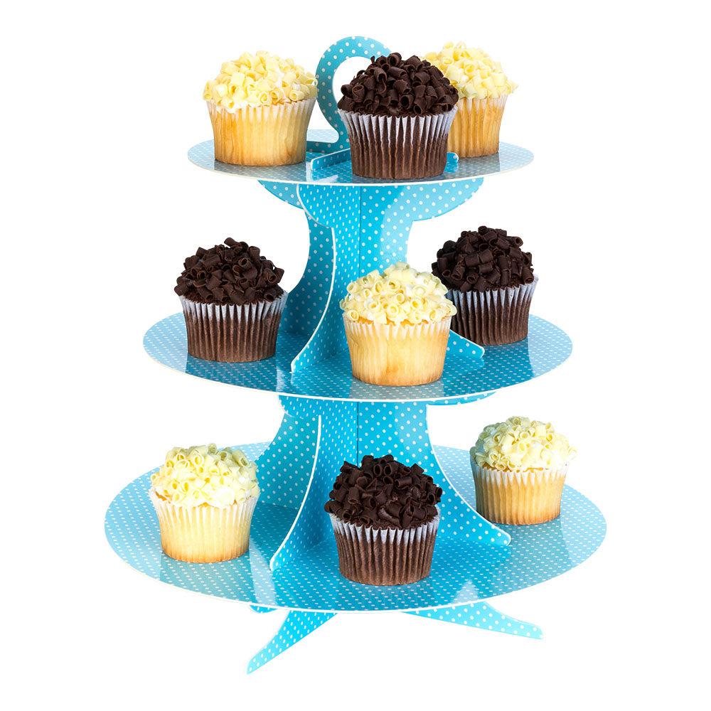 restaurantware Pastry Tek Turquoise Cardboard Cupcake Stand - 3-Tier White Polka Dots - 13 1/2" x 13 1/2" x 14" - 1 count box