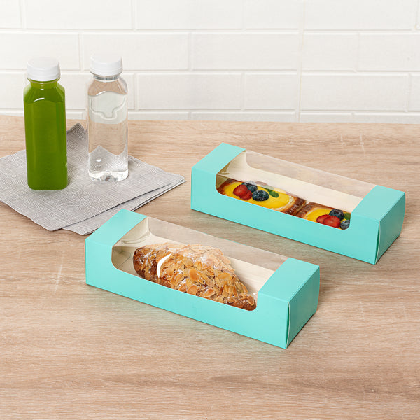 Restaurantware Pastry Tek Turquoise Paper Pastry / Cake Box - With Window - 9 3/4" X 3 1/4" X 2 1/4" - 100 Count Box