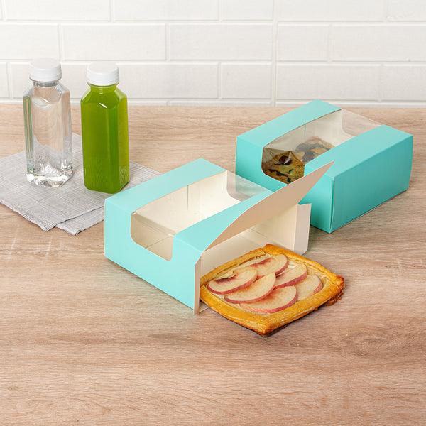Restaurantware Pastry Tek Turquoise Paper Pastry / Cake Box - With Window - 6 1/4" X 6 1/4" X 3 1/4" - 100 Count Box