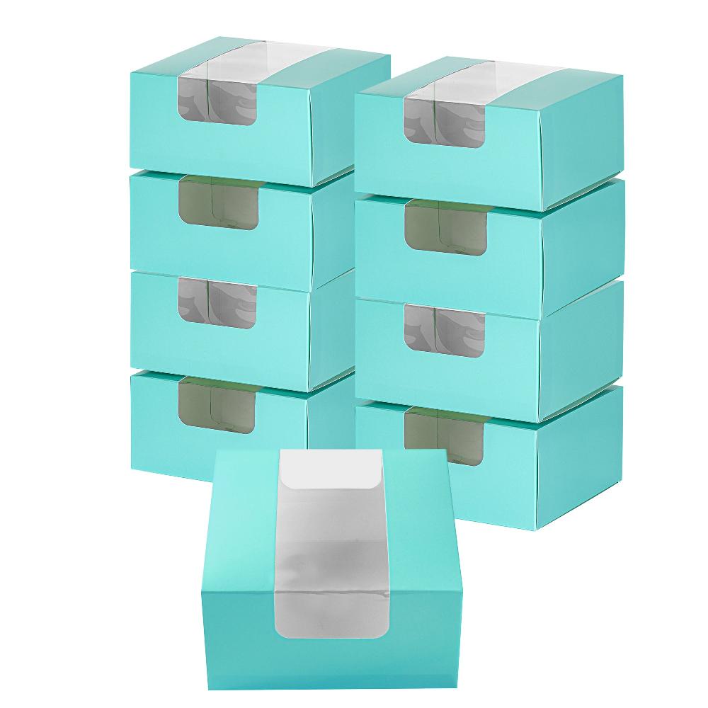 restaurantware Pastry Tek Turquoise Paper Pastry / Cake Box - with Window - 6 1/4" x 6 1/4" x 3 1/4" - 100 count box