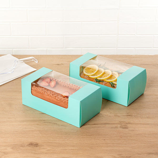 Restaurantware Pastry Tek Turquoise Paper Pastry / Cake Box - With Window - 9 3/4" X 4 3/4" X 4" - 100 Count Box