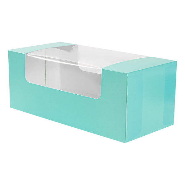 Restaurantware Pastry Tek Turquoise Paper Pastry / Cake Box - With Window - 9 3/4" X 4 3/4" X 4" - 100 Count Box