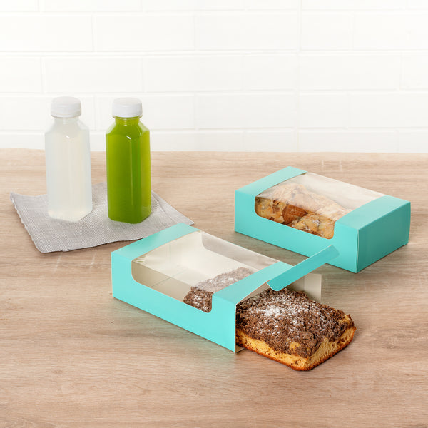 Restaurantware Pastry Tek Turquoise Paper Pastry / Cake Box - With Window - 7 3/4" X 4 3/4" X 2 1/4" - 100 Count Box