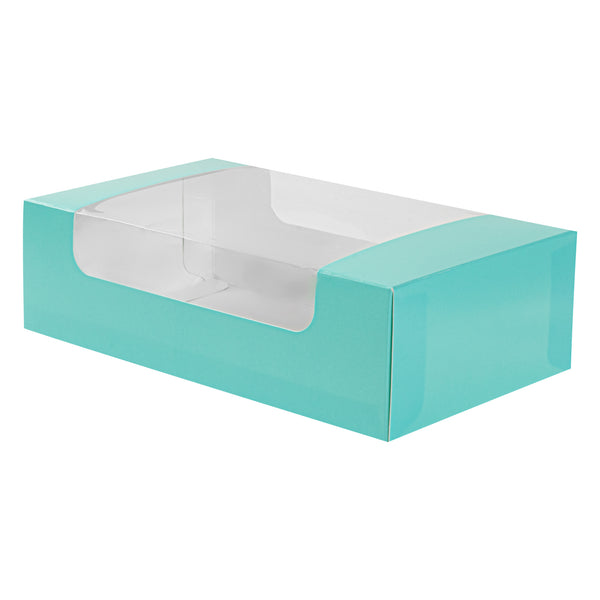 Restaurantware Pastry Tek Turquoise Paper Pastry / Cake Box - With Window - 7 3/4" X 4 3/4" X 2 1/4" - 100 Count Box