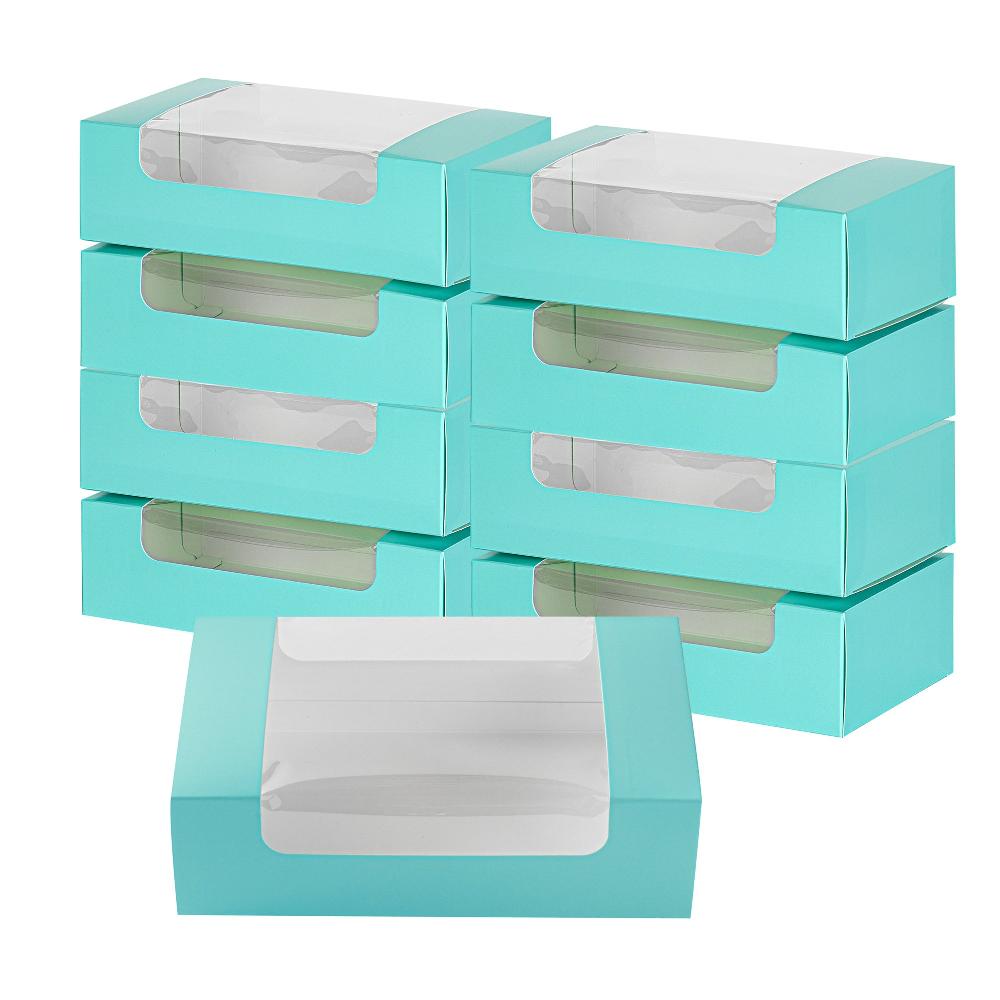 restaurantware Pastry Tek Turquoise Paper Pastry / Cake Box - with Window - 7 3/4" x 4 3/4" x 2 1/4" - 100 count box