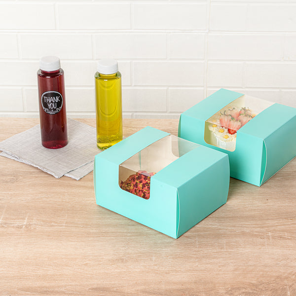 Restaurantware Pastry Tek Turquoise Paper Pastry / Cake Box - With Window - 7" X 6" X 4" - 100 Count Box