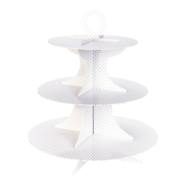 Restaurantware Pastry Tek White Cardboard Cupcake Stand - 3-Tier Gray Polka Dot - 13 1/2" X 13 1/2" X 14" - 1 Count Box