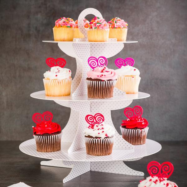 Restaurantware Pastry Tek White Cardboard Cupcake Stand - 3-Tier Gray Polka Dot - 13 1/2" X 13 1/2" X 14" - 1 Count Box