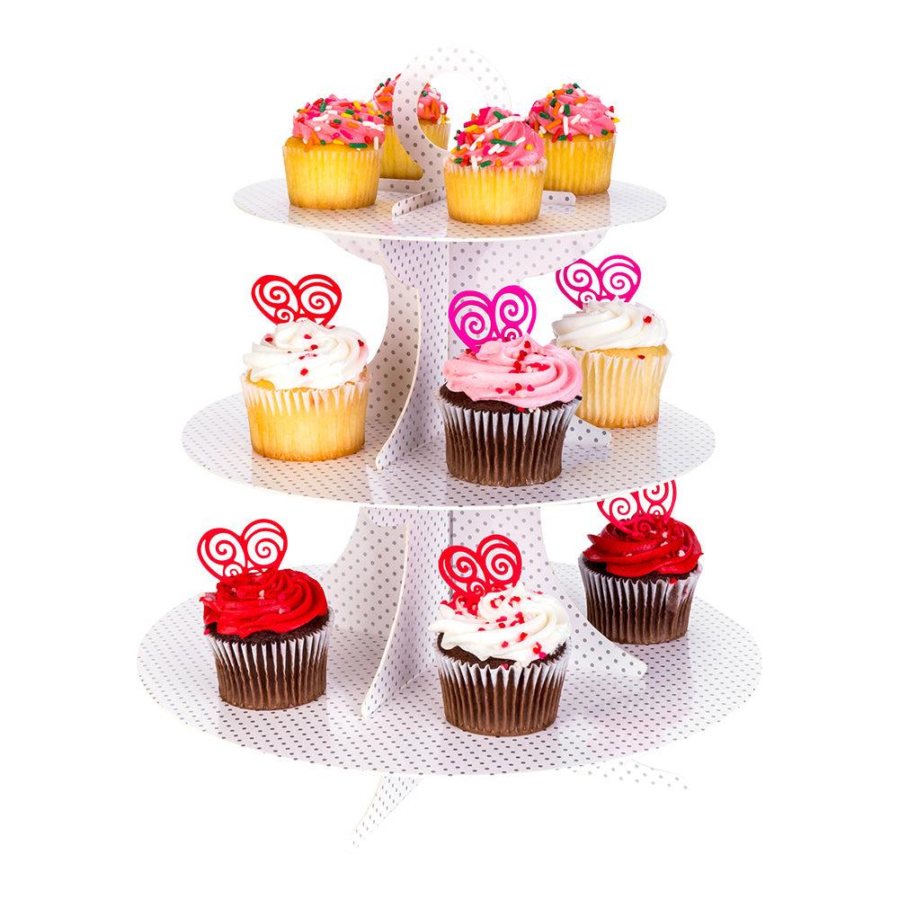 restaurantware Pastry Tek White Cardboard Cupcake Stand - 3-Tier Gray Polka Dot - 13 1/2" x 13 1/2" x 14" - 1 count box