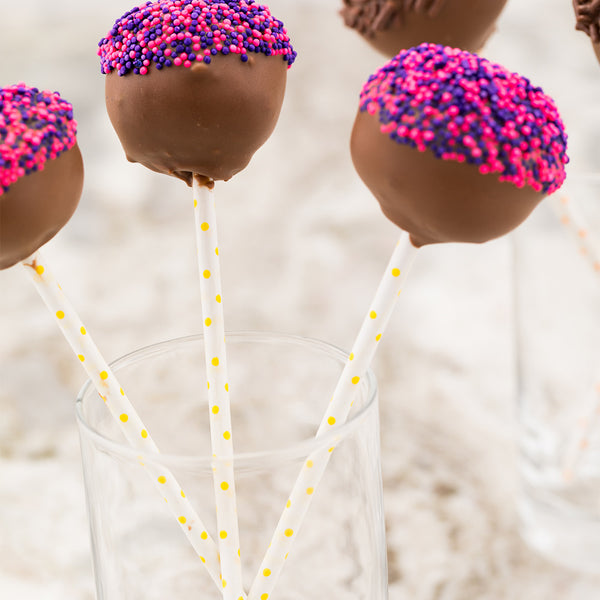 Restaurantware Pastry Tek Yellow Paper Cake Pop And Lollipop Stick - Polka Dots Biodegradable - 6" X 5/32" - 100 Count Box