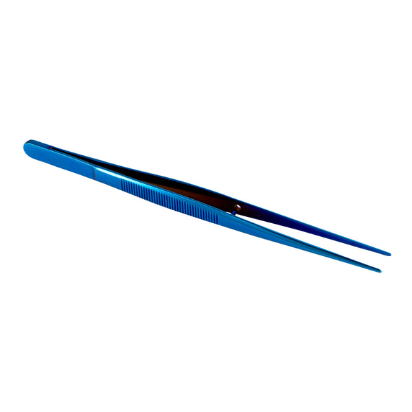 Restaurantware Perfect Point Titanium Blue Stainless Steel Fine Point Tweezers - 6 1/4" X 3/4" X 1/2" - 1 Count Box