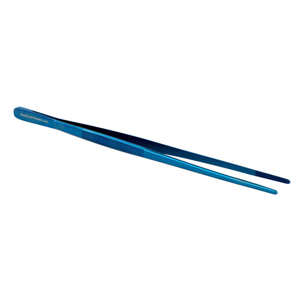 Restaurantware Perfect Point Titanium Blue Stainless Steel Long Straight Tweezers - 11 3/4" X 3/4" - 1 Count Box