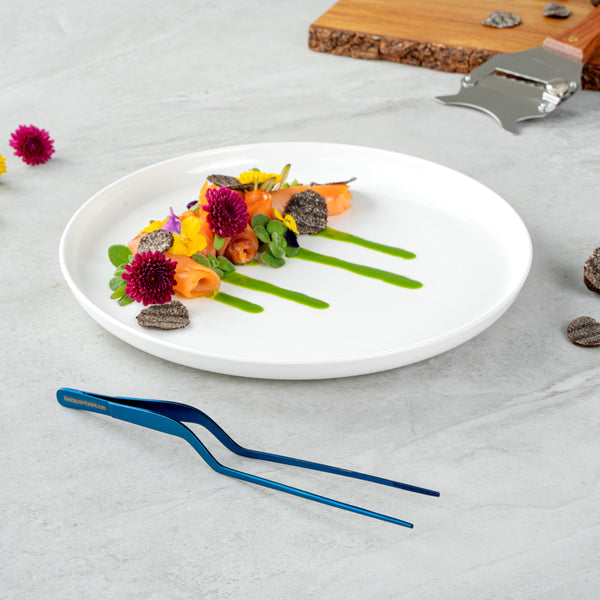 Restaurantware Perfect Point Titanium Blue Stainless Steel Offset Tweezers - 8" X 3/4" X 1/2" - 1 Count Box