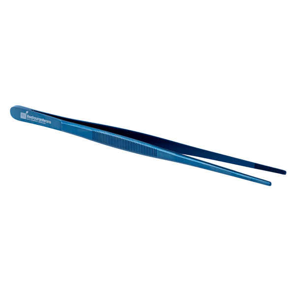 Restaurantware Perfect Point Titanium Blue Stainless Steel Short Straight Tweezers - 9 1/2" X 3/4" - 1 Count Box
