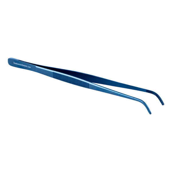 Restaurantware Perfect Point Titanium Blue Stainless Steel Short Slant Nose Tweezers - 9 1/2" X 3/4" X 1/2" - 1 Count Box