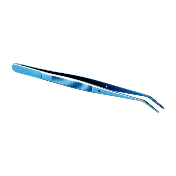 Restaurantware Perfect Point Titanium Blue Stainless Steel Slant Nose Tweezers - 6 1/4" X 3/4" X 1/2" - 1 Count Box