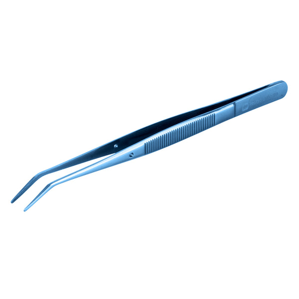 Restaurantware Perfect Point Titanium Blue Stainless Steel Slant Nose Tweezers - 6 1/4" X 3/4" X 1/2" - 1 Count Box