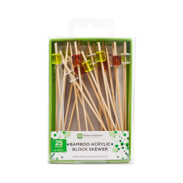 Restaurantware Pixy Assorted Bamboo Acrylic Block Pick - Retail Pack - 4" - 25 Count X 10 Boxes
