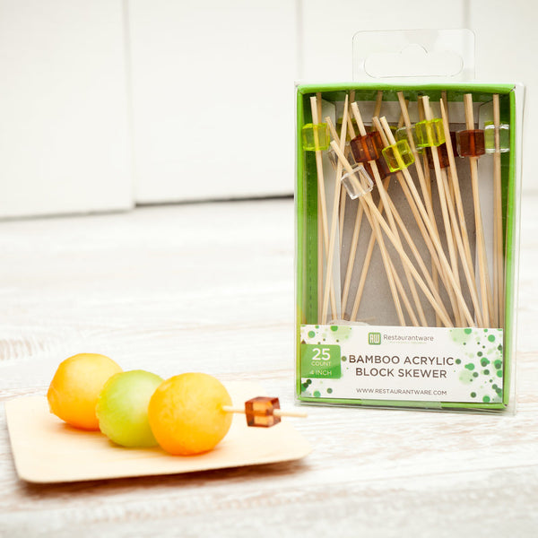 Restaurantware Pixy Assorted Bamboo Acrylic Block Pick - Retail Pack - 4" - 25 Count X 10 Boxes