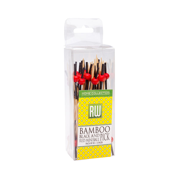 Restaurantware Pixy Black And Red Bamboo Mini Ball Pick - Retail Pack - 4" - 50 Count X 10 Boxes