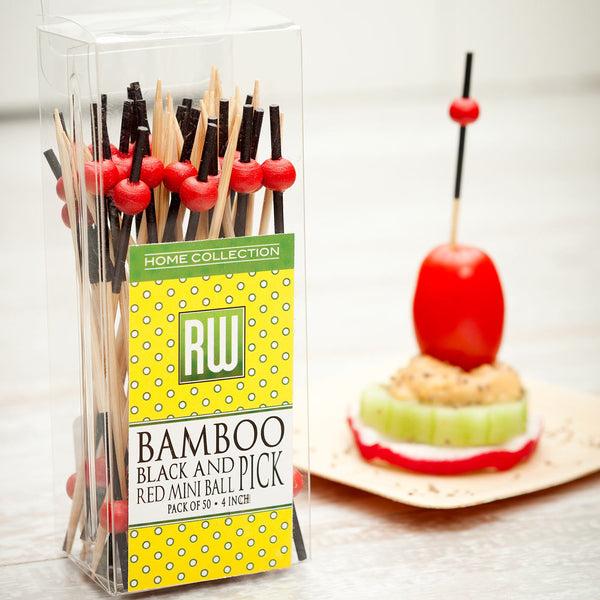 Restaurantware Pixy Black And Red Bamboo Mini Ball Pick - Retail Pack - 4" - 50 Count X 10 Boxes