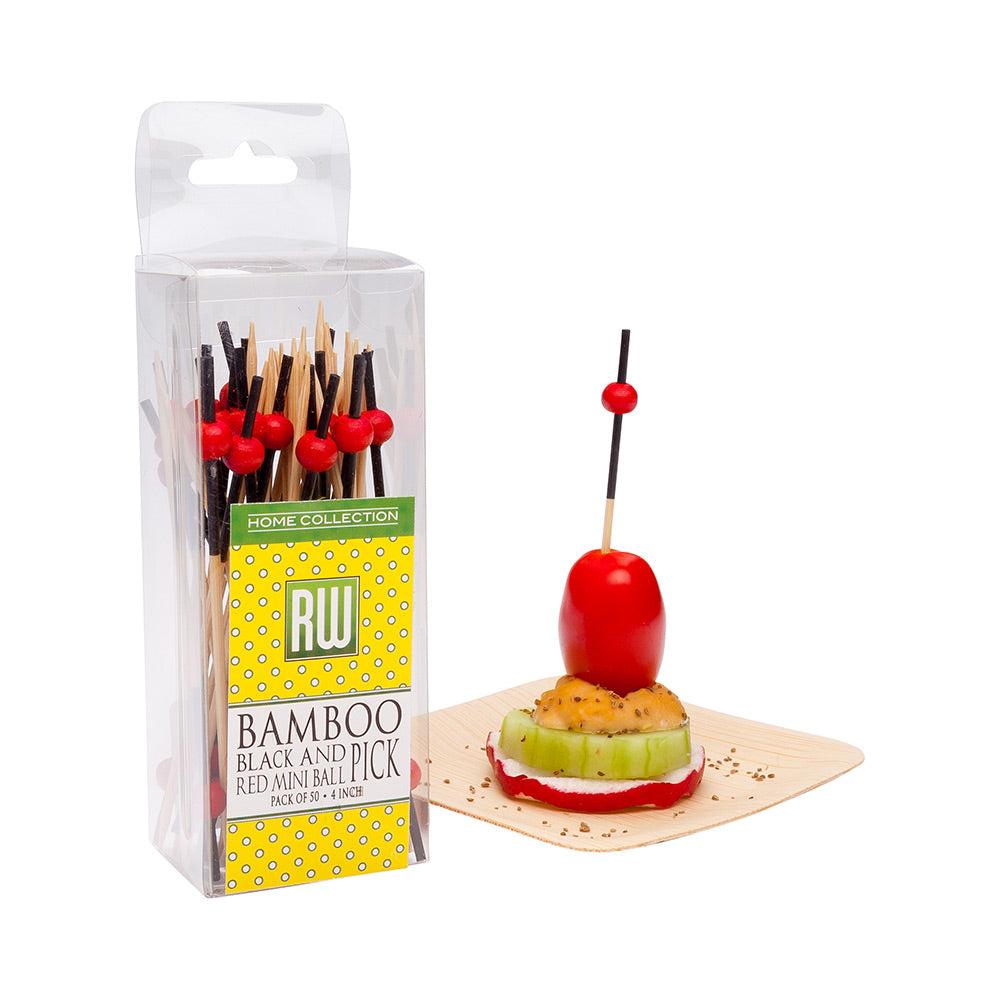 restaurantware Pixy Black and Red Bamboo Mini Ball Pick - Retail Pack - 4" - 50 count x 10 boxes