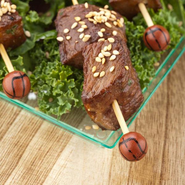 Restaurantware Pixy Brown And Black Bamboo Basketball Pick - Hand-Painted - 4" X 1/2" X 1/2" - 1000 Count Box
