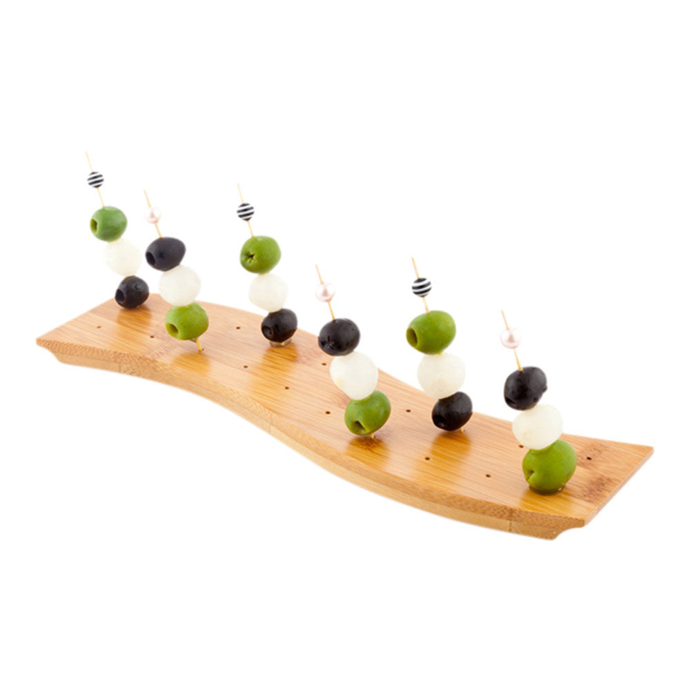 restaurantware Pixy Curved Natural Bamboo Pick Stand / Skewer Holder - 20 holes - 12 1/2" x 4" x 1" - 1 count box