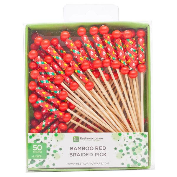 Restaurantware Pixy Red Bamboo Braided Pick - Retail Pack - 4" - 50 Count X 10 Boxes