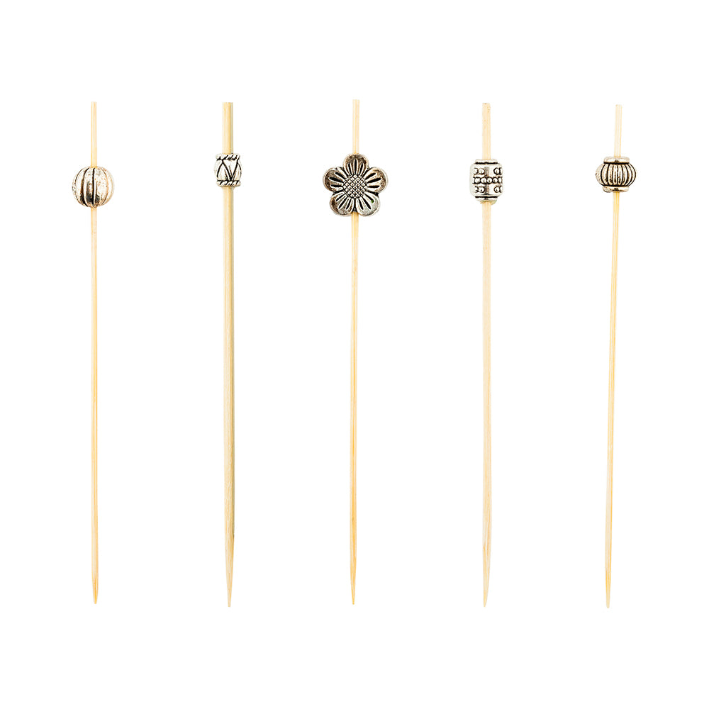 restaurantware Pixy Silver Bamboo Luxury Metal Beaded Pick - 4" - 1000 count box