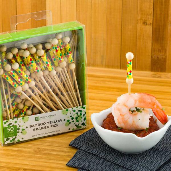 Restaurantware Pixy Yellow Bamboo Braided Pick - Retail Pack - 4" - 50 Count X 10 Boxes Box