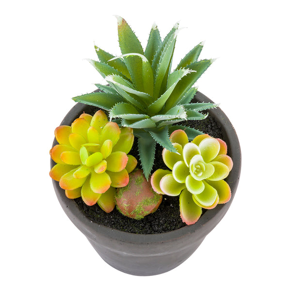 Restaurantware Plastic Table Art Faux Succulent Arrangement - Cement Flower Pot Brushed Charcoal - 5 1/2" X 5 1/2" X 9" - 1 Count Box