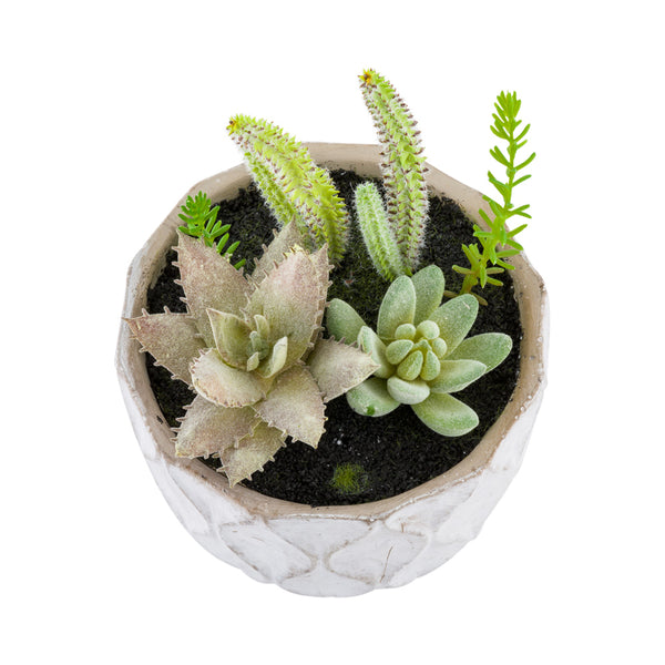 Restaurantware Plastic Table Art Faux Succulent Arrangement - Concrete Planter Light Gray - 6" X 6" X 7 3/4" - 1 Count Box