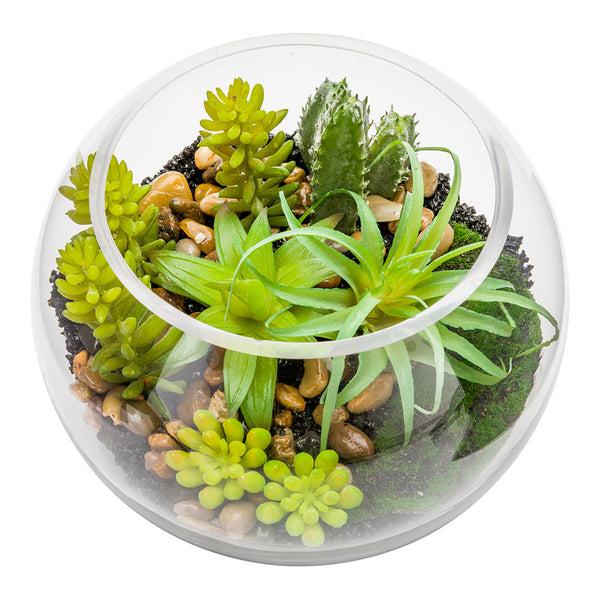 Restaurantware Plastic Table Art Faux Succulent Arrangement - Fishbowl Glass Terrarium - 7" X 7" X 5 1/2" - 1 Count Box