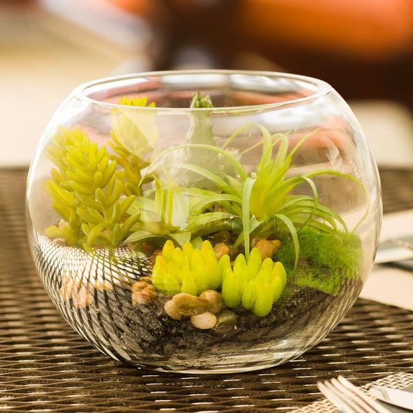 Restaurantware Plastic Table Art Faux Succulent Arrangement - Fishbowl Glass Terrarium - 7" X 7" X 5 1/2" - 1 Count Box