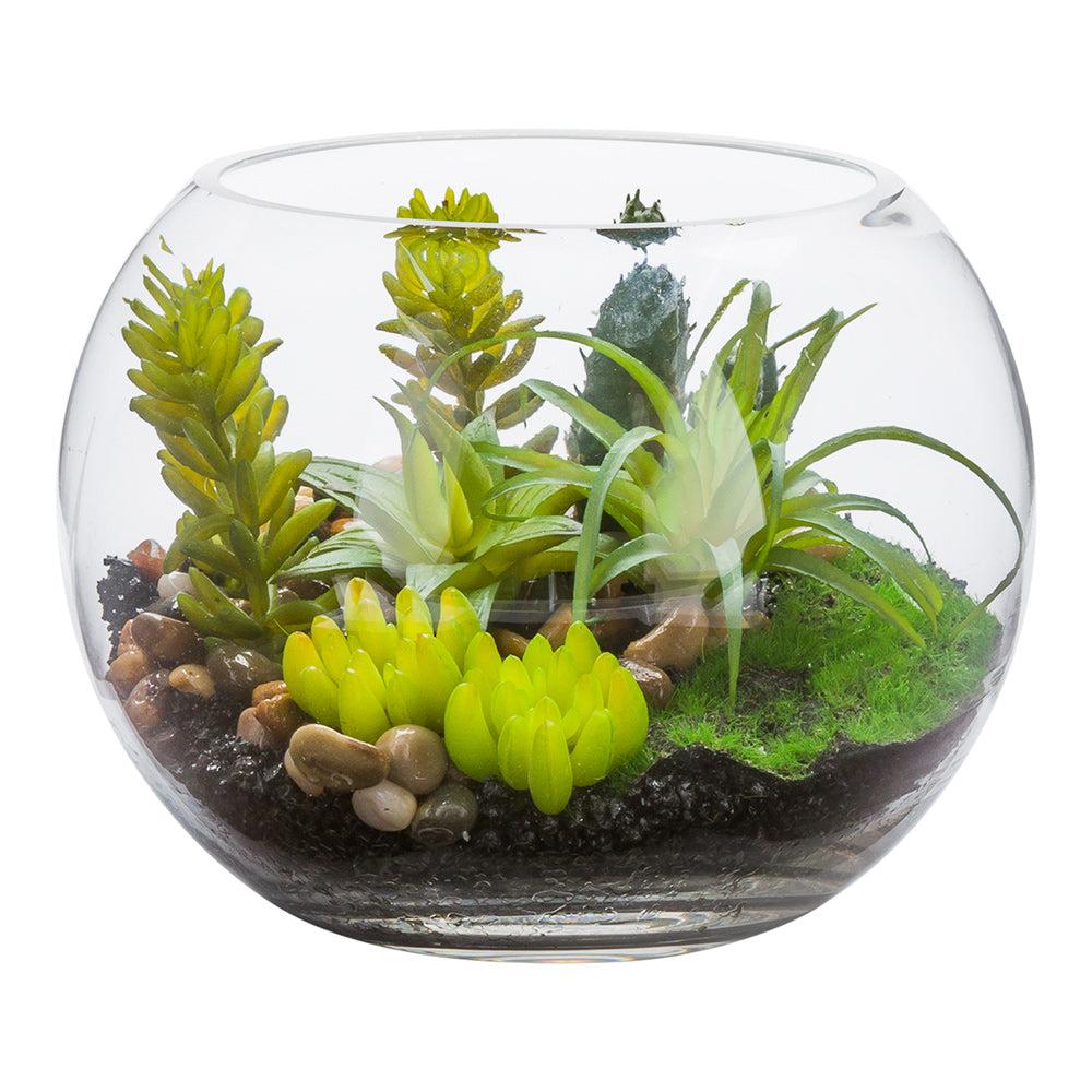 restaurantware Plastic Table Art Faux Succulent Arrangement - Fishbowl Glass Terrarium - 7" x 7" x 5 1/2" - 1 count box