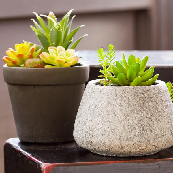 Restaurantware Plastic Table Art Faux Succulent Arrangement - Gravel Concrete Planter Round - 6 1/2" X 6 1/2" X 7" - 1 Count Box