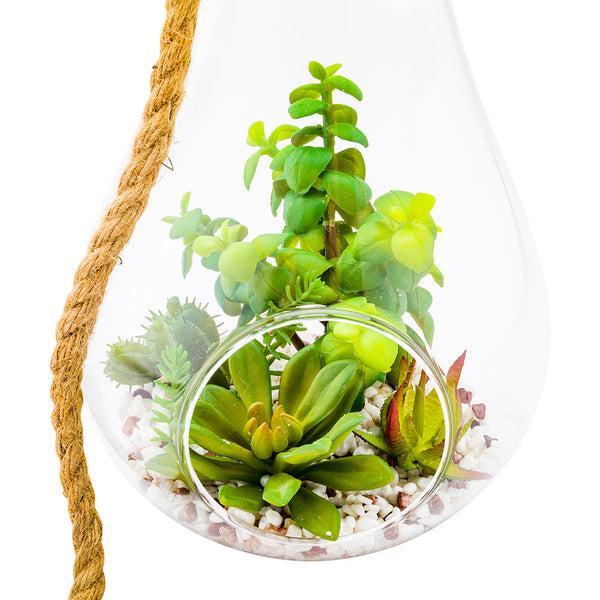 Restaurantware Plastic Table Art Faux Succulent Arrangement - Hanging Glass Terrarium Knotted Hemp Rope - 7 3/4" X 7 3/4" X 12 1/2" - 1 Count Box